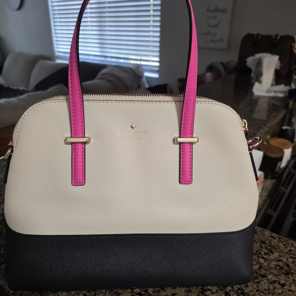 Kate Spade Cream and Black Satchel with Pink Accents